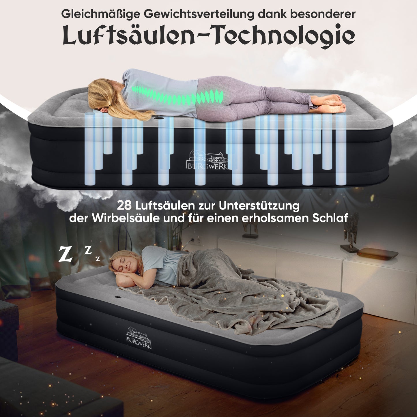 Luftbett für 1 Person [Praktisches 3 in 1 System] in Schwarz/Anthrazit