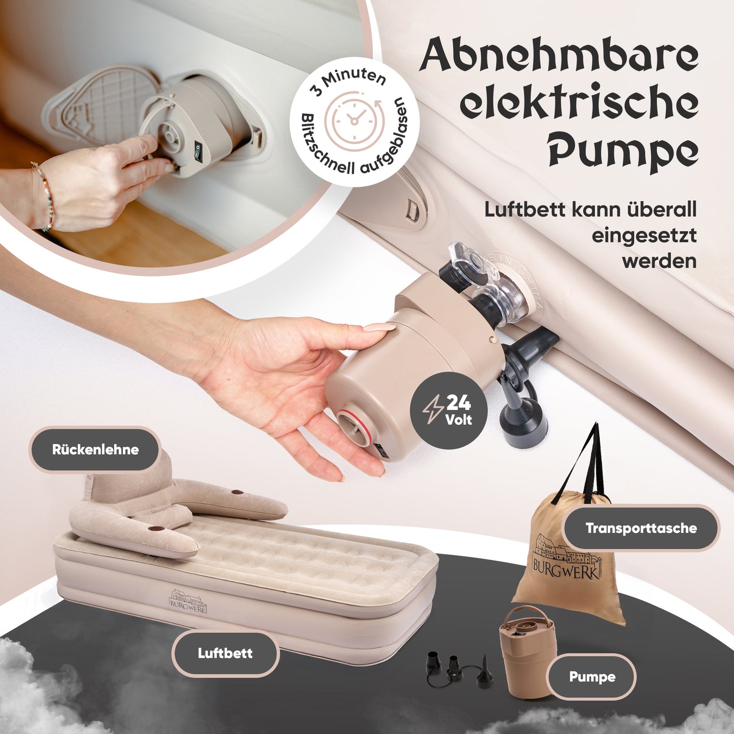 Luftbett für 1 Person [Praktisches 3 in 1 System] in Beige