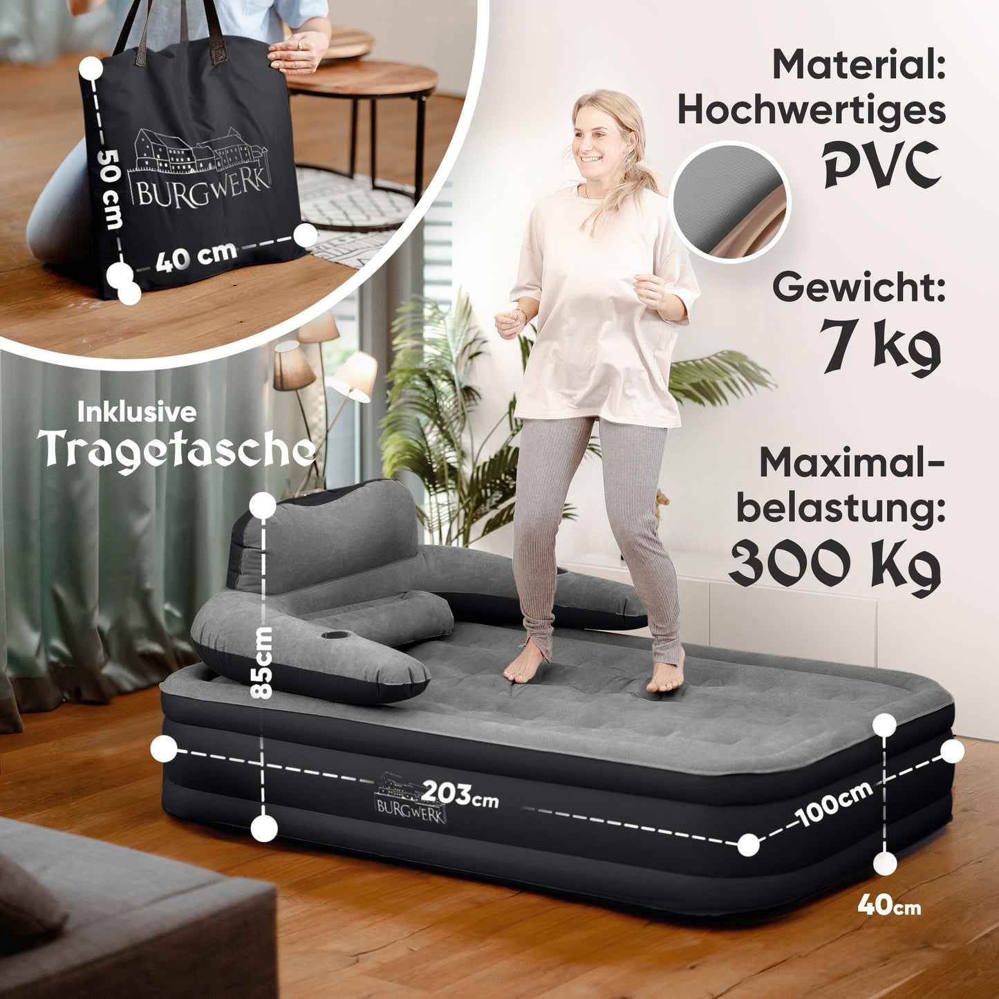 Luftbett für 1 Person [Praktisches 3 in 1 System] in Schwarz/Anthrazit