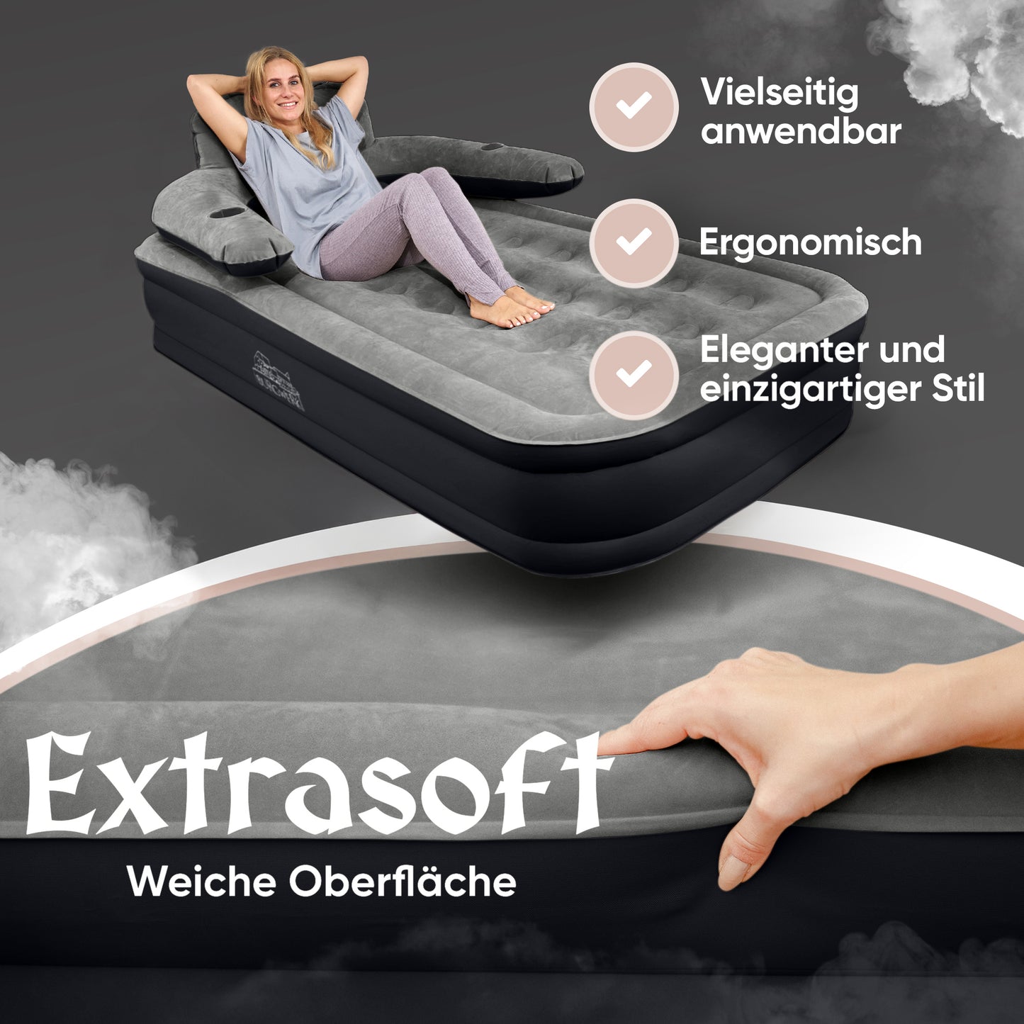 Luftbett für 1 Person [Praktisches 3 in 1 System] in Schwarz/Anthrazit