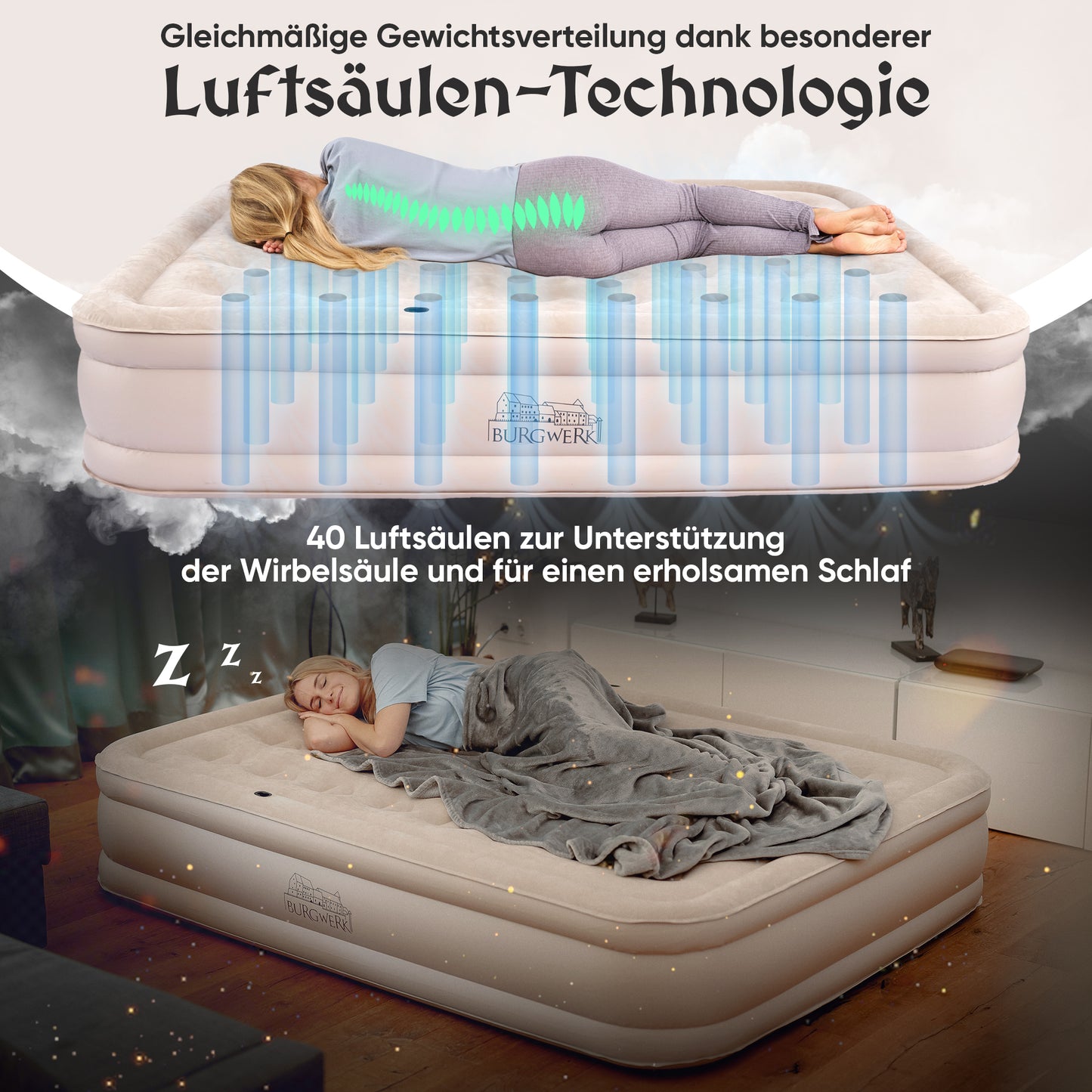 Luftbett für 2 Personen [Praktisches 3 in 1 System] in Beige ohne Rückenlehne