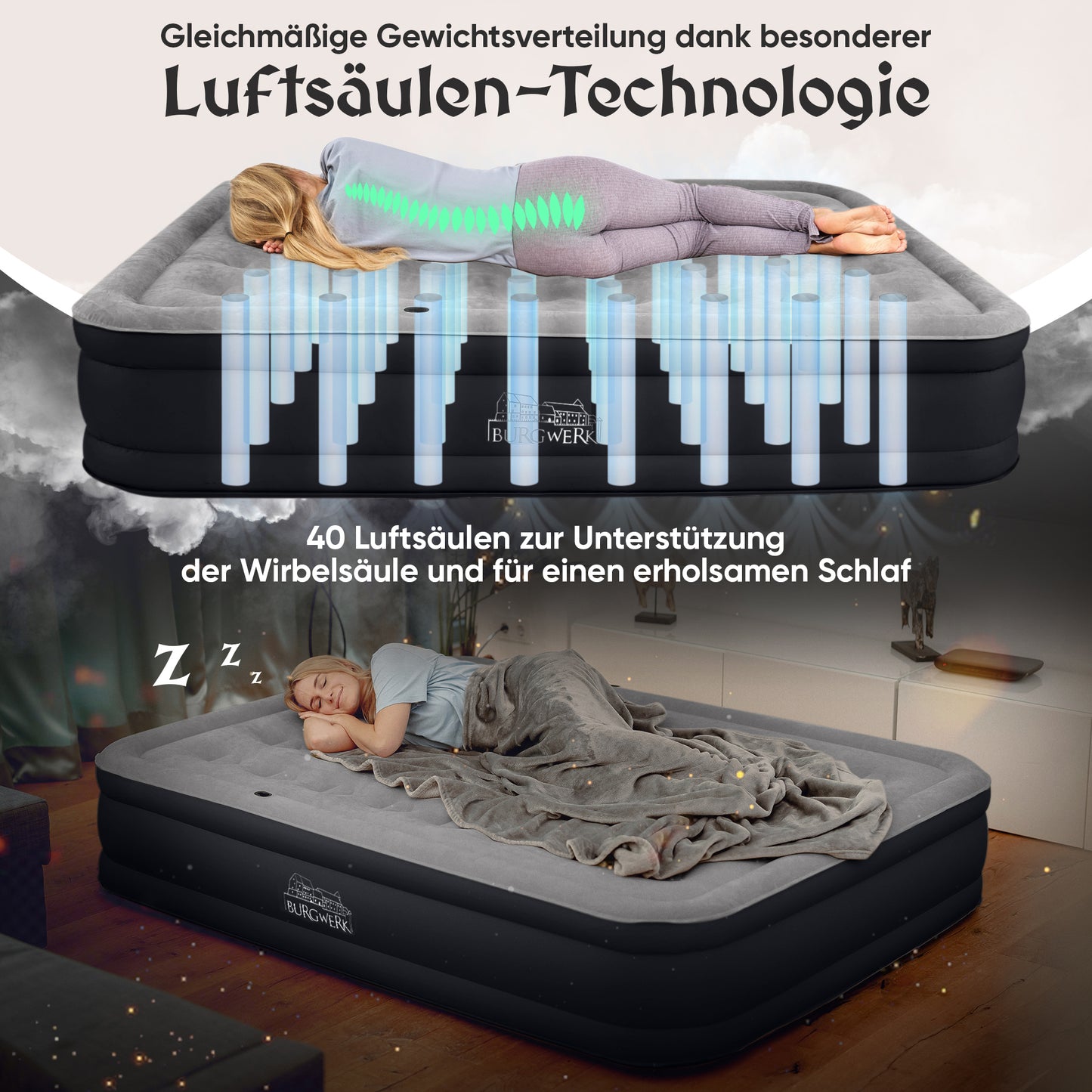 Luftbett für 2 Personen [Praktisches 3 in 1 System] in Schwarz/Anthrazit ohne Rückenlehne